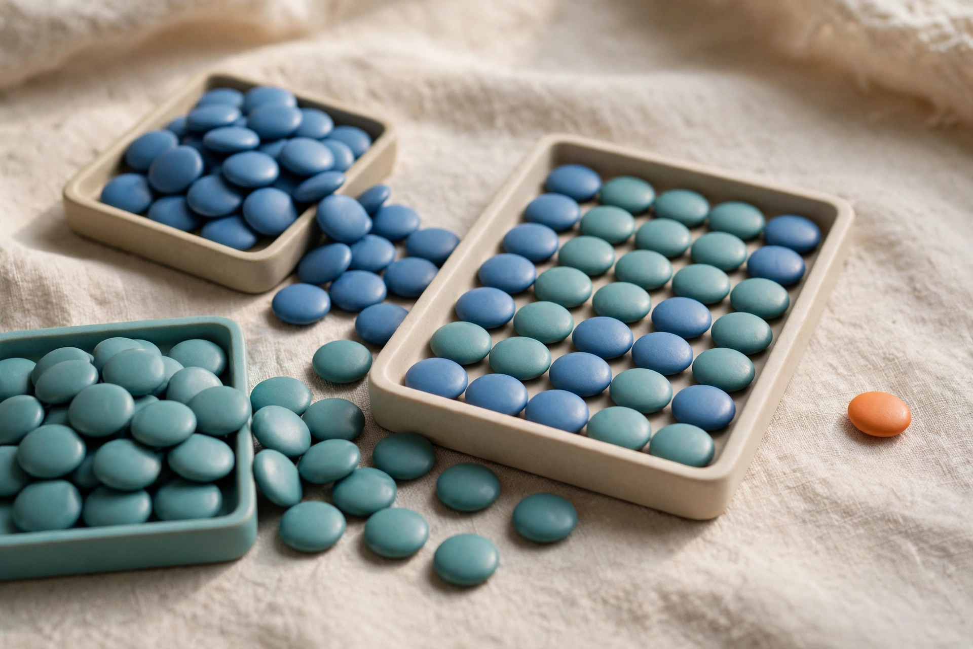 Two shallow trays of blue and teal tokens are shown, with some tokens spilled out, converging into a larger organized tray.