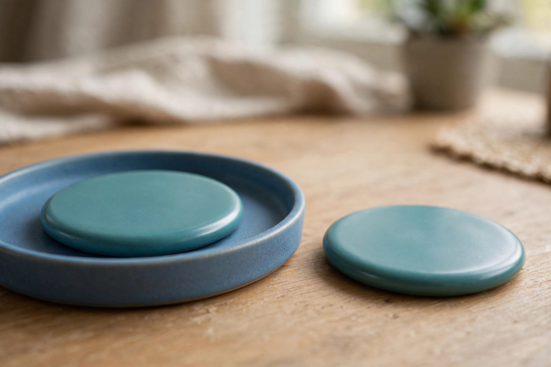 Two identical teal discs sit on a wooden desk; one is inside a blue tray, the other is separated beside it.