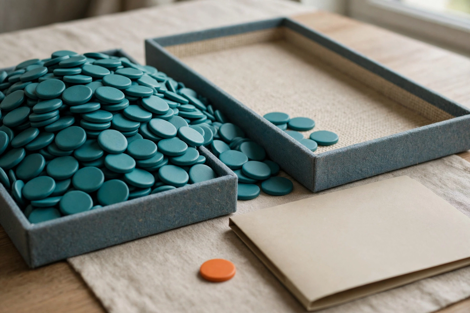 Two trays of teal tokens and one orange token sit on a table next to a blank folder.