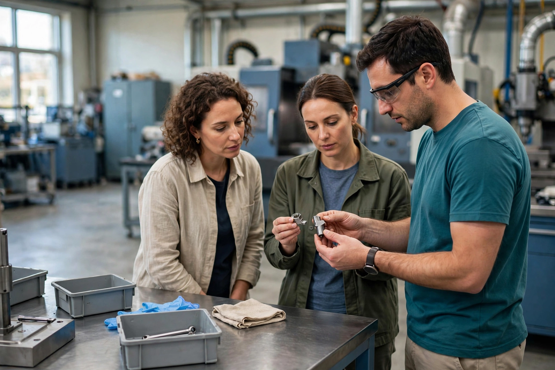 A man in a teal shirt and safety glasses shows two women two metal parts at a workbench in a manufacturing facility.