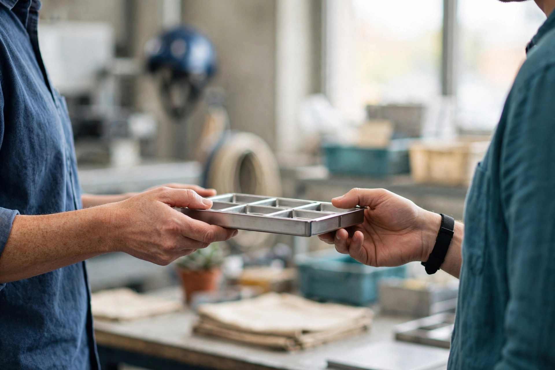 A plant operations colleague hands a sample tray to a customer-facing teammate in a manufacturing workshop.
