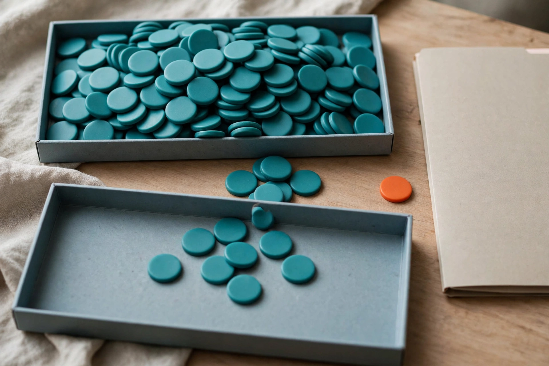 A still life arrangement of teal tokens in trays and an orange token beside a folder on a wooden surface.