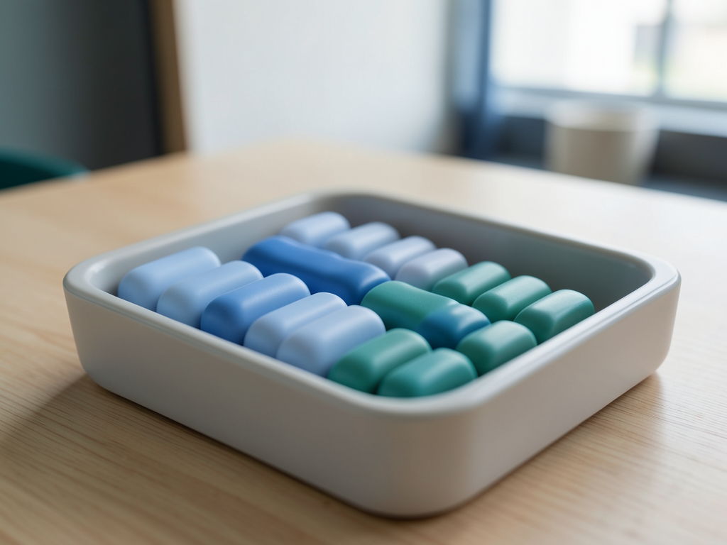 Two streams of blue and teal tokens converge into a single organized row in a shallow sorting tray on a wooden desk.