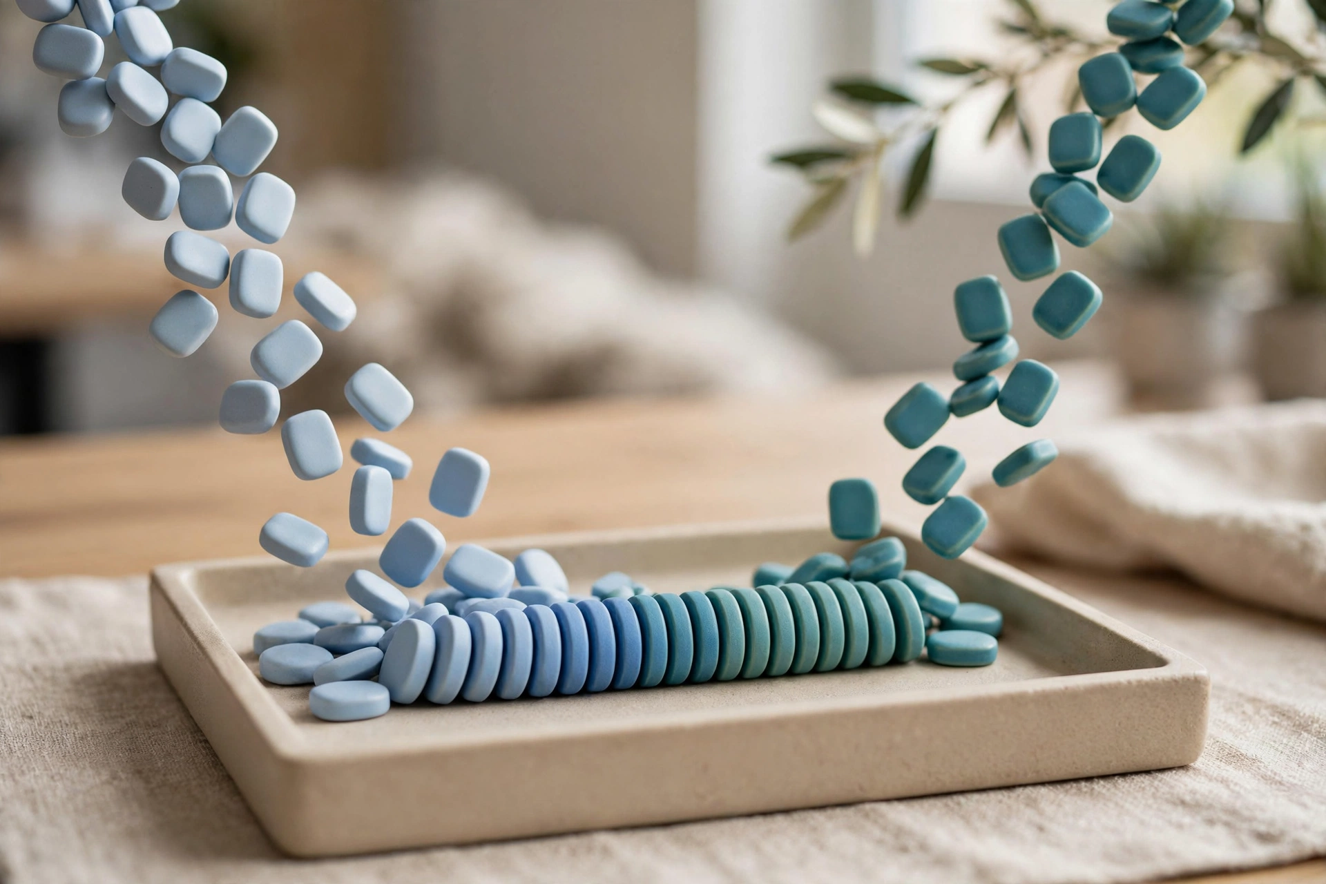 Two streams of blue and teal tokens converge into an organized row in a shallow sorting tray on a table.