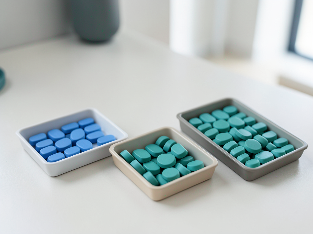 Three trays of tokens, two with separate blue and teal colors and one with a combined sequence, are arranged on a white surface.