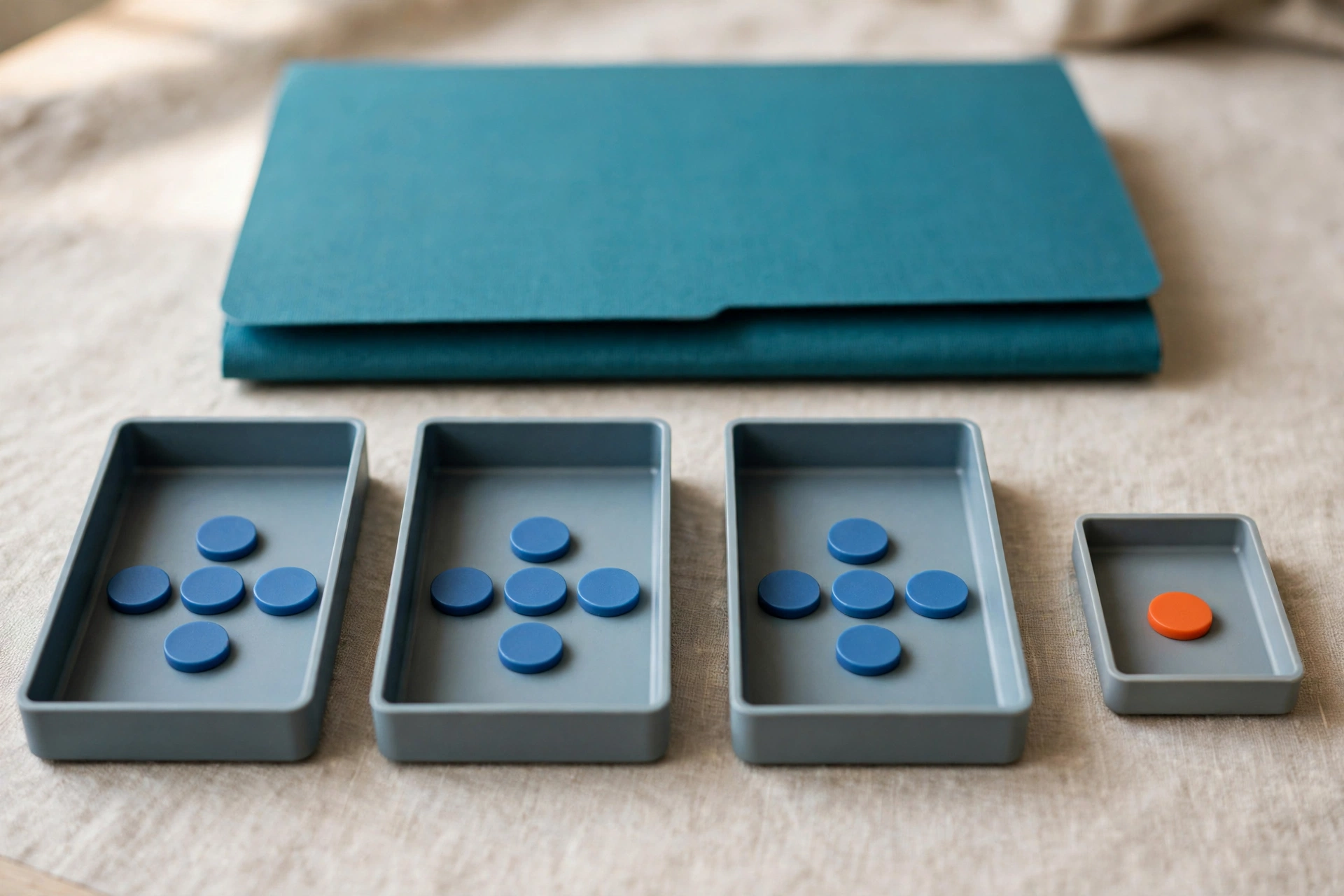 Blue tokens are distributed in three trays, with one orange token in a separate small tray, and a teal folder behind.