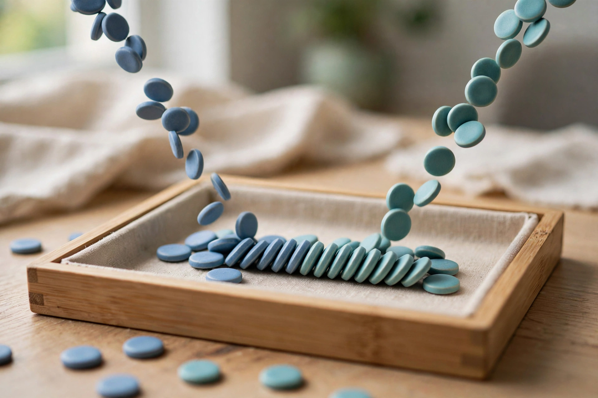 Blue and teal ceramic tokens fall from above and converge into a neat row within a wooden tray on a table.