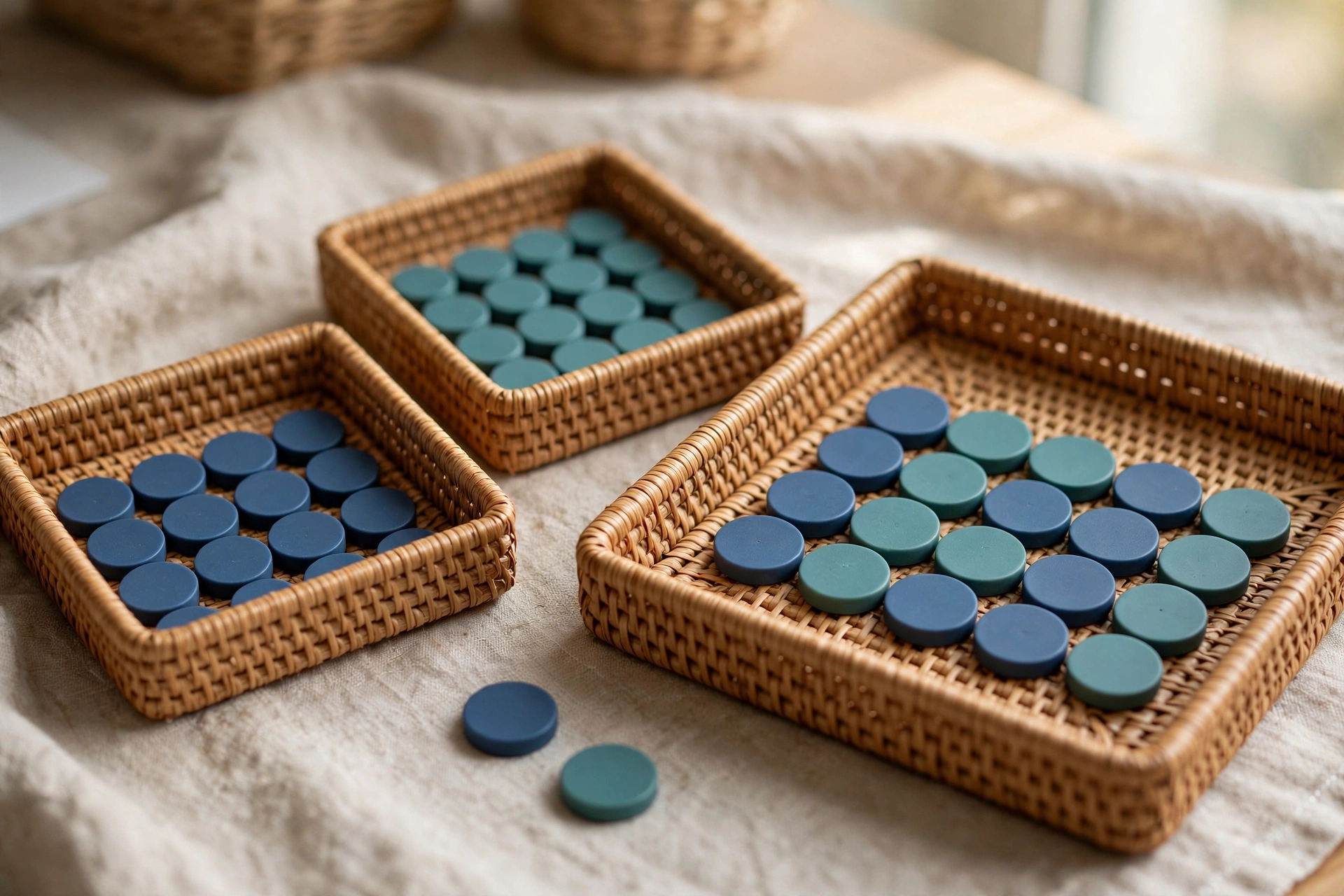 Three woven baskets containing blue and teal tokens are arranged on a neutral cloth surface, symbolizing data organization.