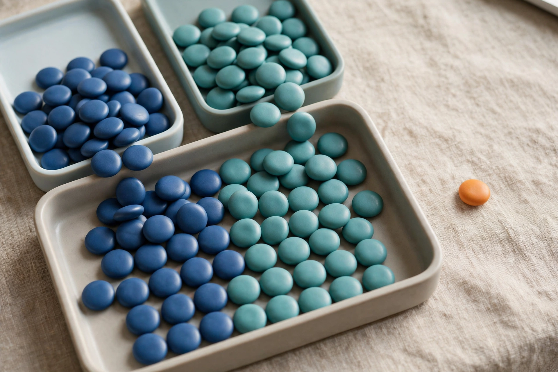 Two trays of blue and teal tokens converge into a single tray, with one orange token isolated to the side.
