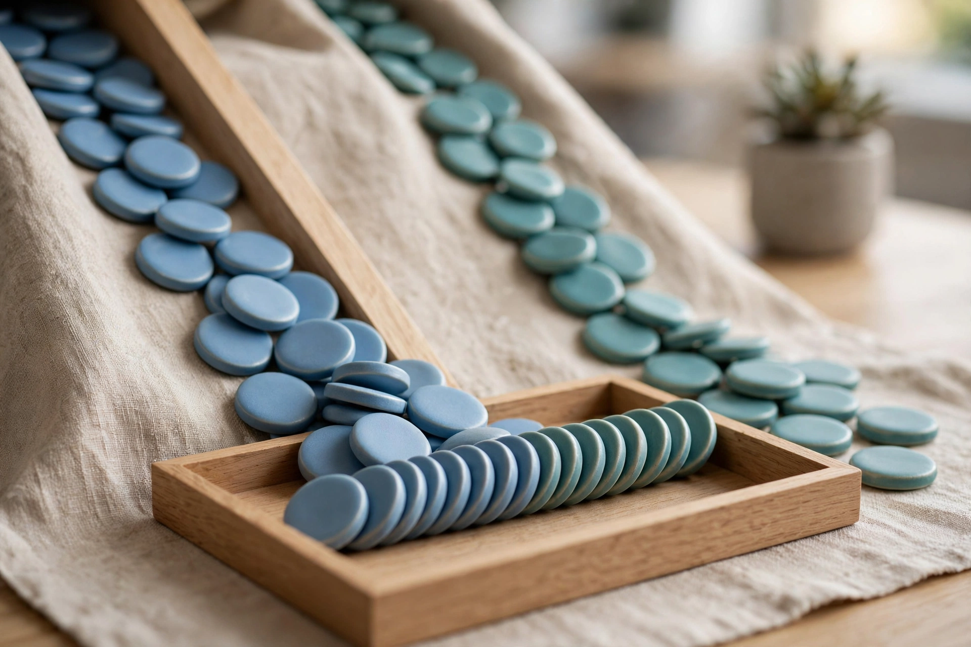 Two streams of blue and teal ceramic tokens converge into a single ordered row in a wooden tray on a neutral cloth.