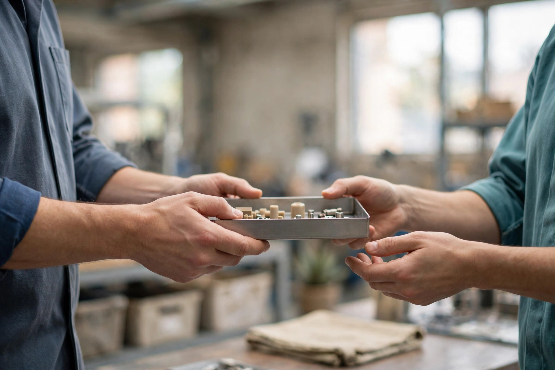 A plant operations colleague hands a tray of small parts to a customer-facing teammate in a bright manufacturing workshop.