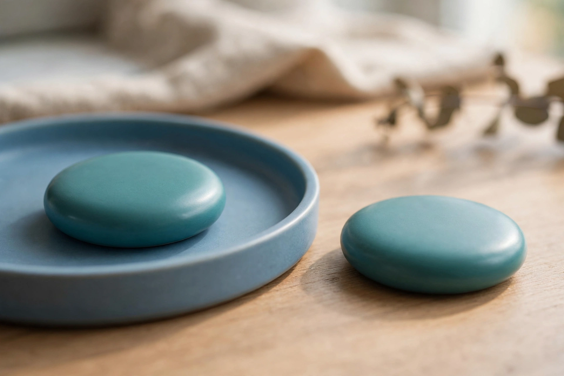 Two identical smooth teal ceramic discs are shown on a wooden desk. One disc rests inside a shallow blue tray, while the other sits separately outside the tray.