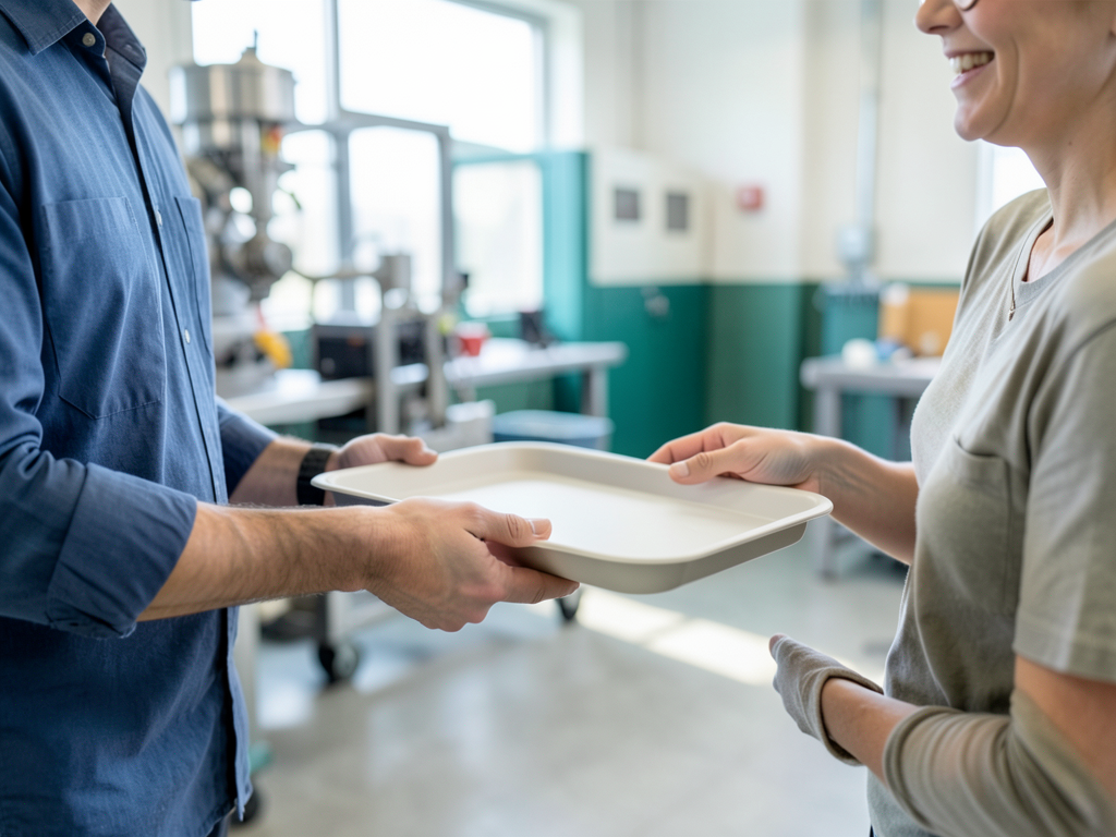 A man in a blue shirt hands a white tray to a woman in a grey shirt in a manufacturing workshop.