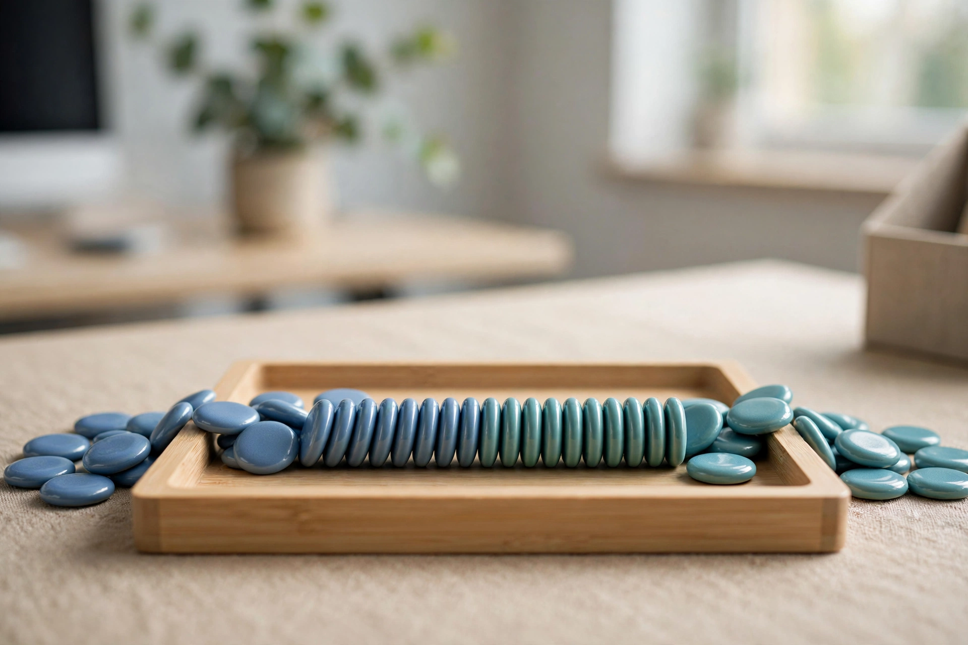 Two streams of smooth blue and teal ceramic tokens converge into one neat ordered row inside a central shallow sorting tray on a desk.