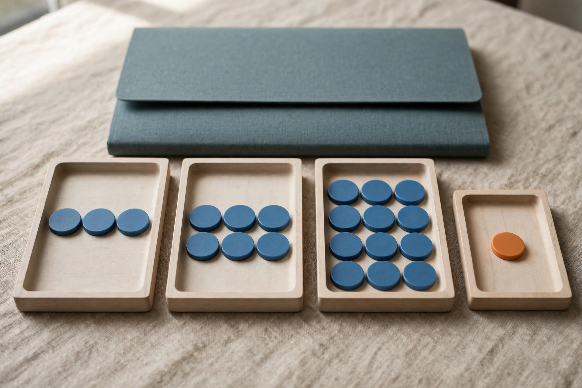 Four wooden trays with blue tokens and one tray with an orange token are arranged on a textured surface, with a closed folder behind them.