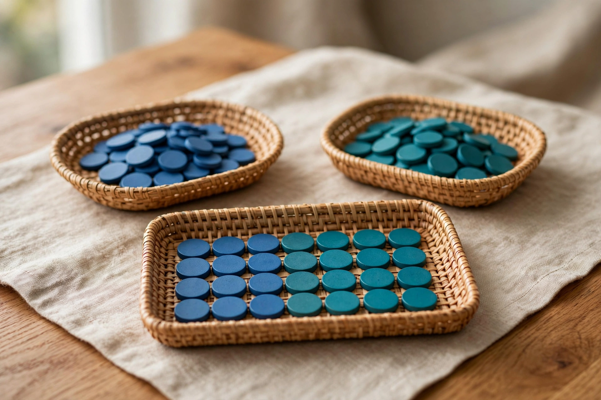 Three woven baskets on a table, two containing separate piles of blue and teal tokens, and one showing a neat sequence of both colors.