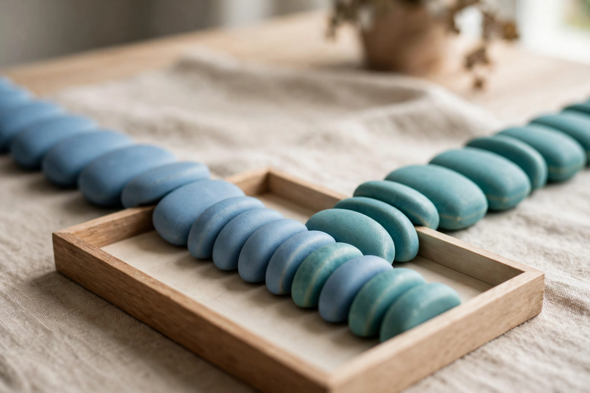 Two streams of smooth blue and teal ceramic tokens converge into one neat ordered row inside a shallow sorting tray.