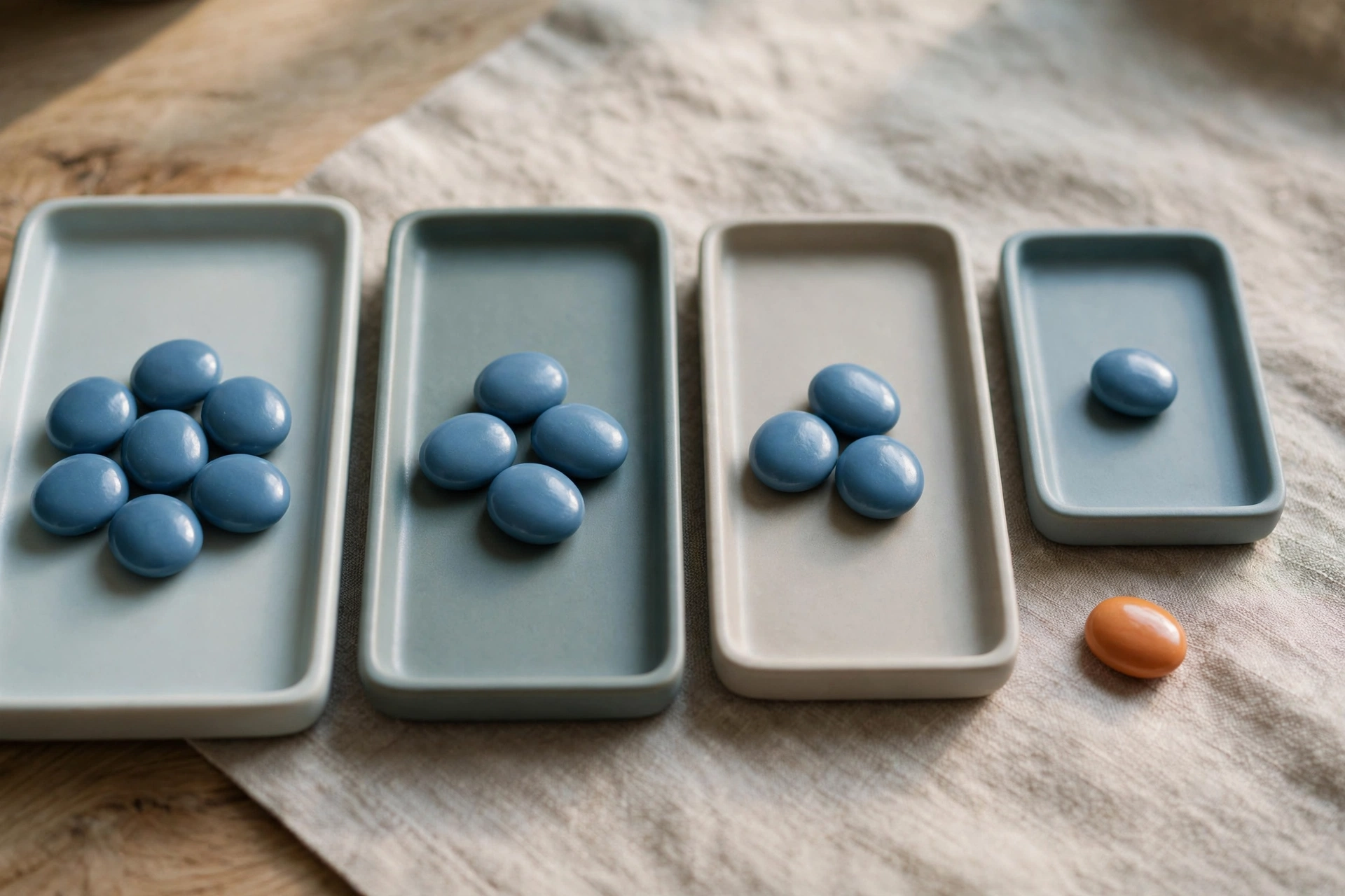 Four shallow trays with decreasing groups of blue tokens and one orange token beside them on a textured surface.