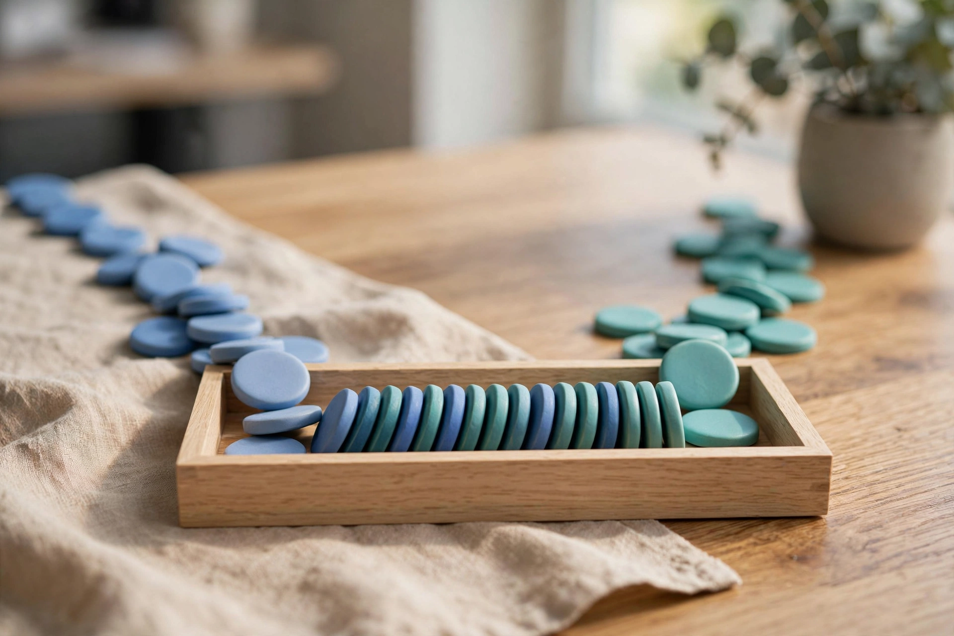 Two streams of blue and teal tokens converge into a single ordered row in a wooden tray on a table.