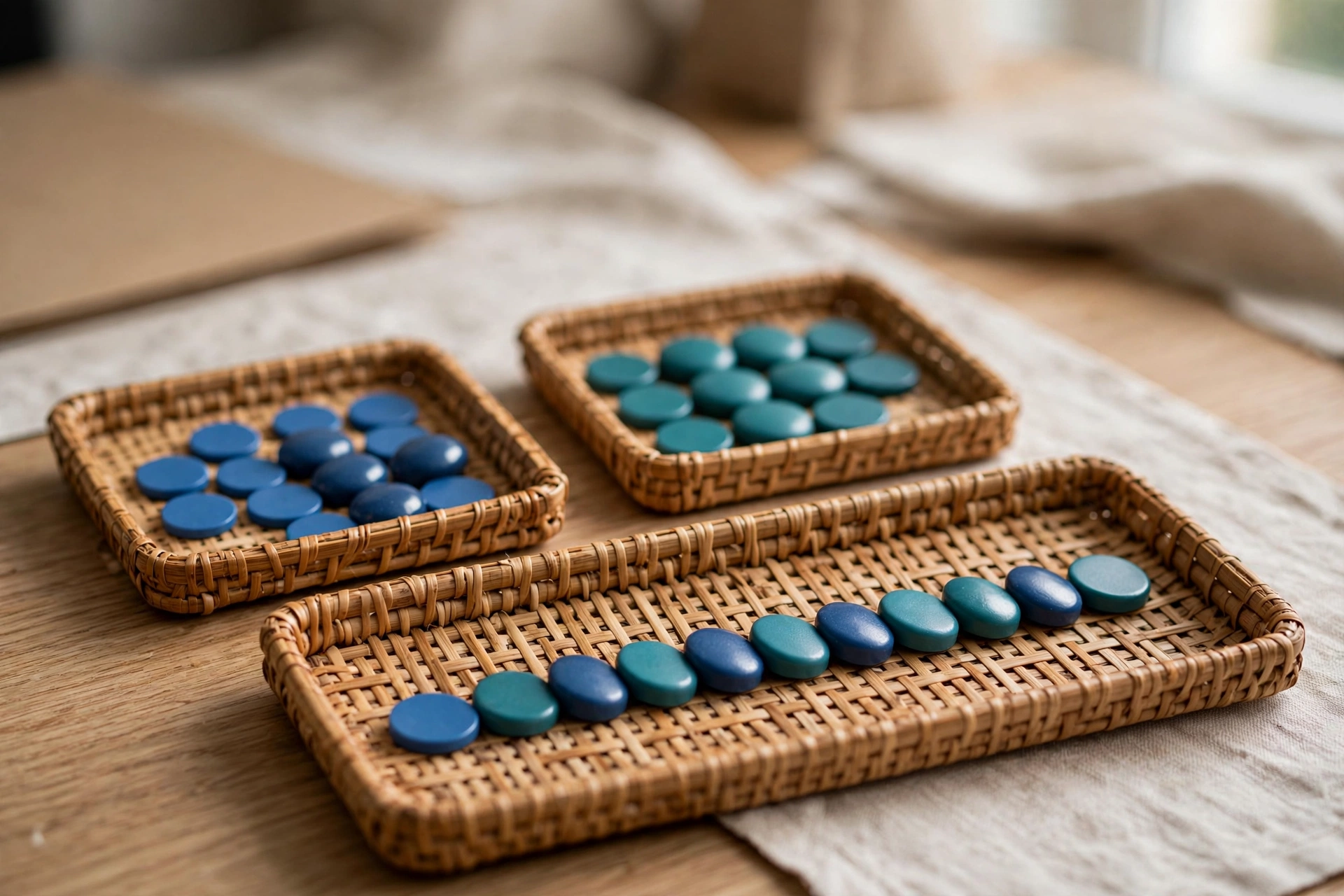Three woven trays with blue and teal tokens arranged to show integration, with two trays holding separate colors and one tray showing a combined sequence.