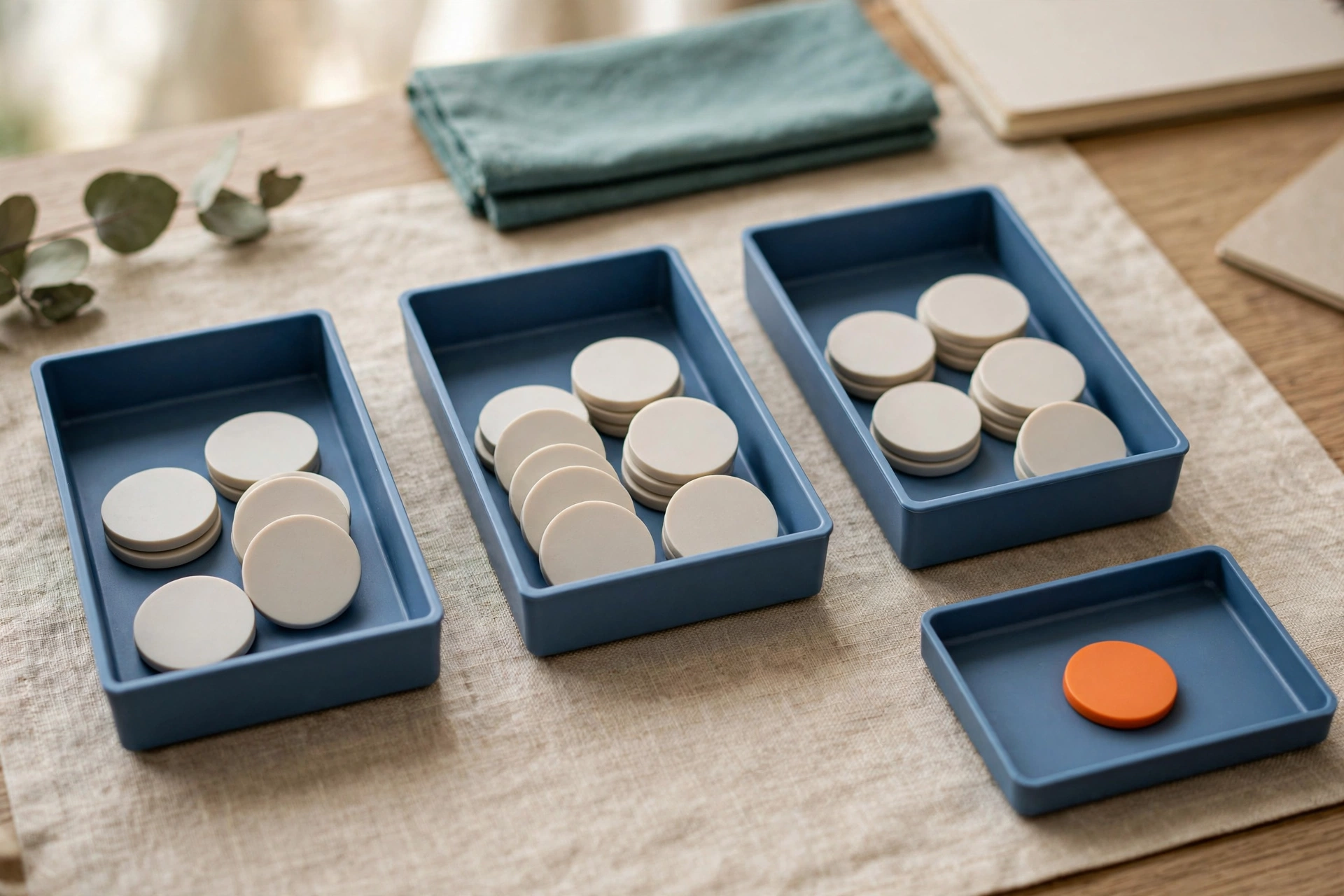 Three blue trays with white tokens and one blue tray with an orange token are arranged on a table.