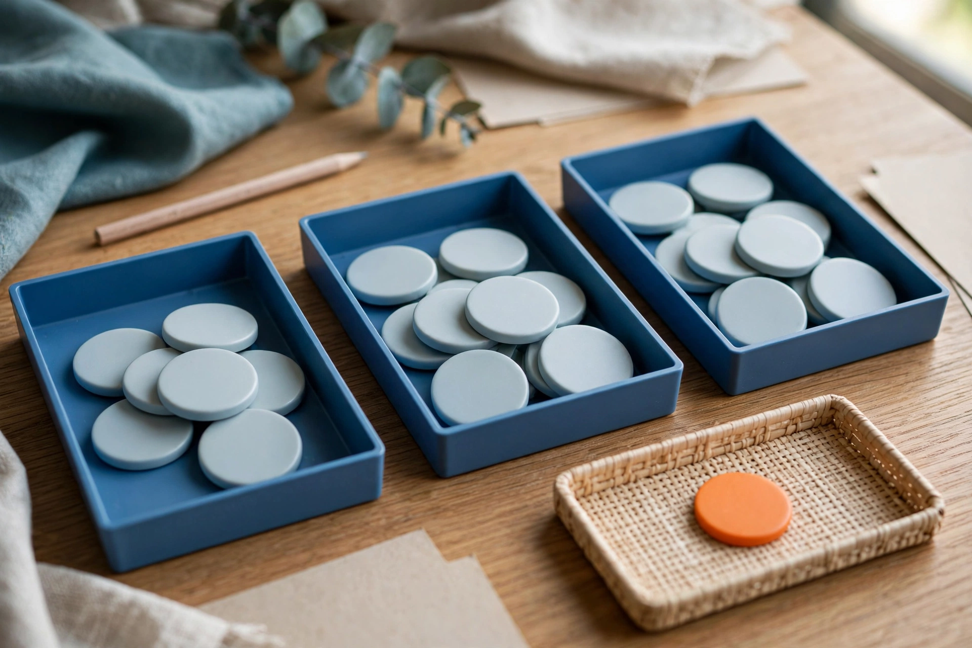 Three blue trays with blank tokens and a separate woven tray with an orange token are arranged on a wooden surface.