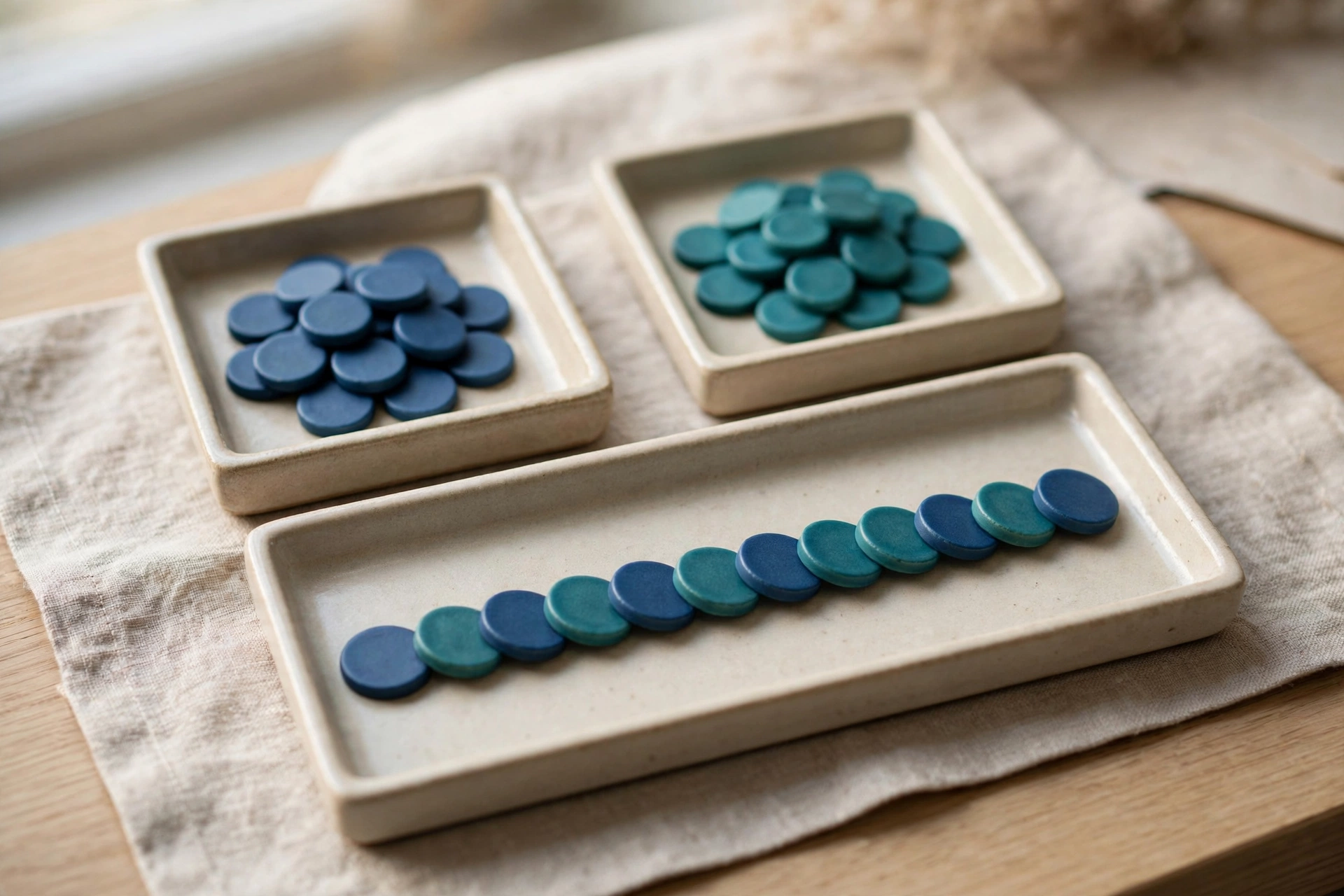Three ceramic trays with blue and teal tokens arranged to show integration, on a neutral cloth.