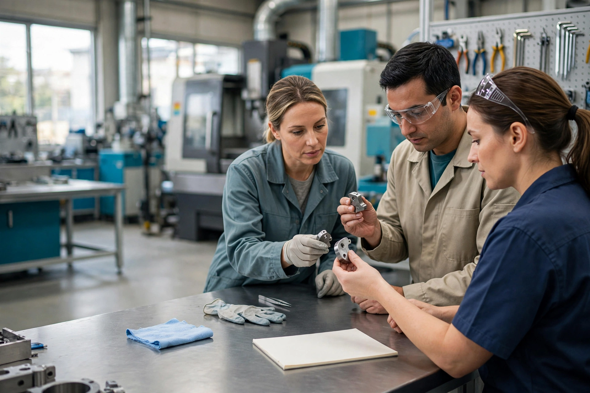 Three manufacturing professionals in plain clothing and safety glasses compare metal parts at a clean assembly station with machinery in the background.