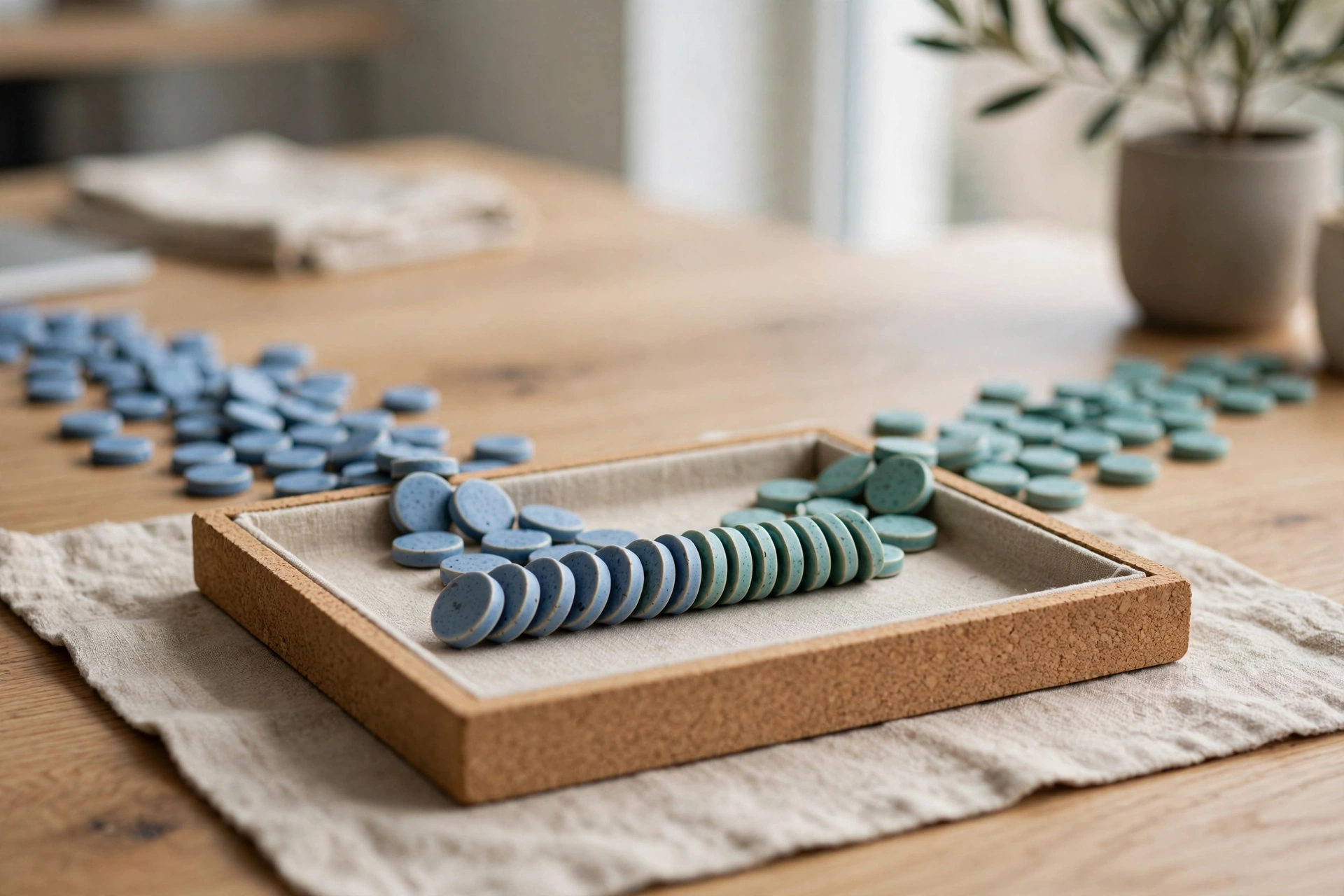 Two streams of blue and teal ceramic tokens converge into one ordered row inside a shallow sorting tray on a wooden desk.