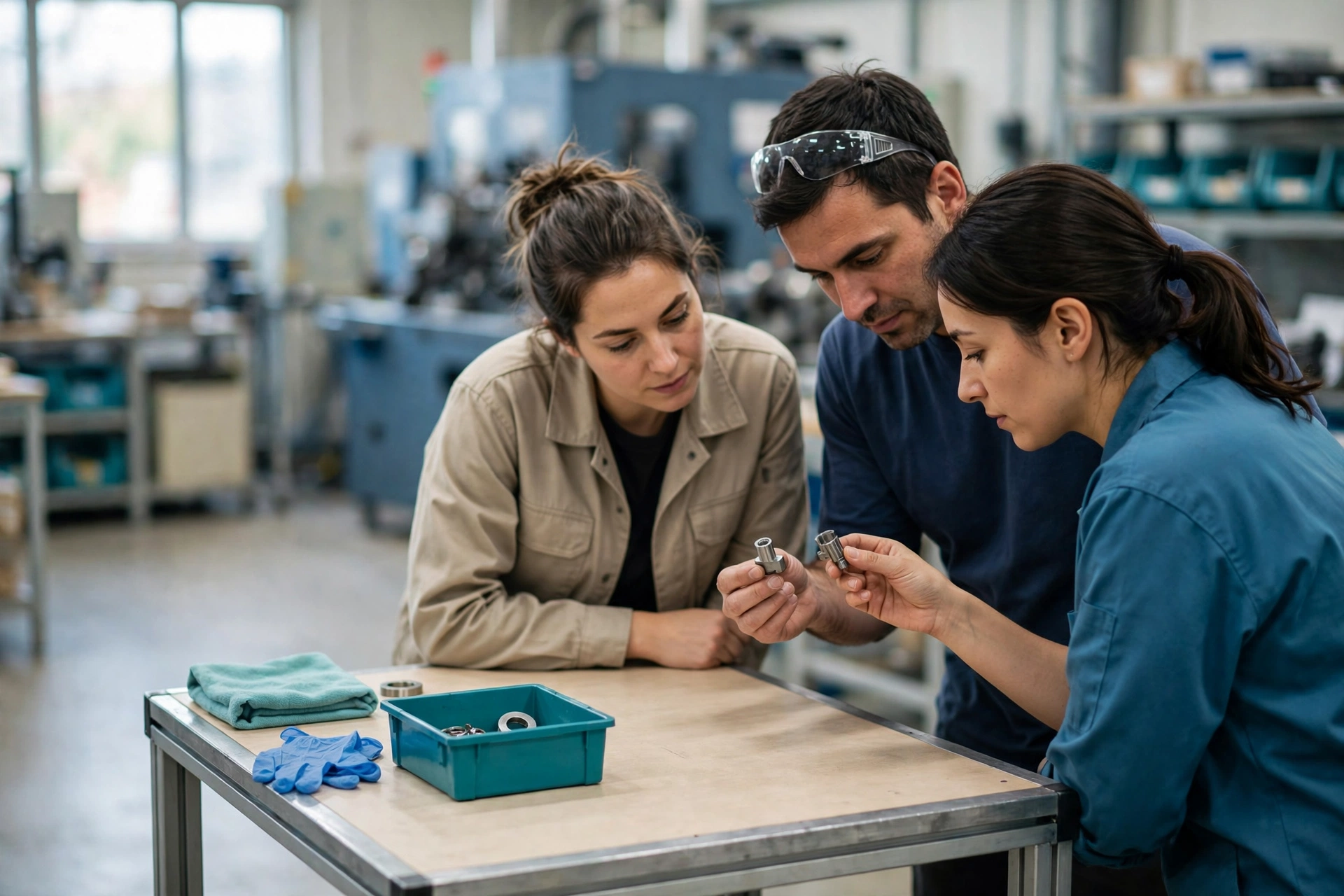 Three people in a manufacturing setting compare small metal parts at a clean assembly station with machinery in the background.