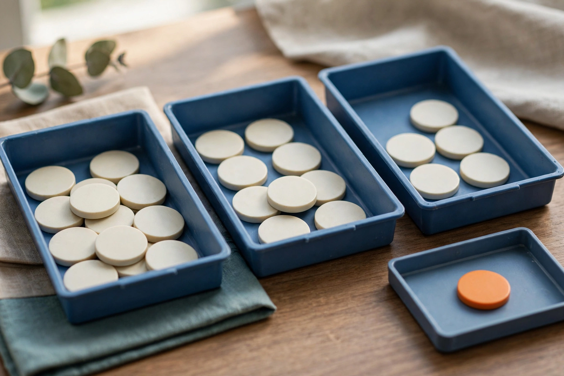 Three blue trays with blank tokens and a separate tray with an orange token are arranged on a wooden desk.