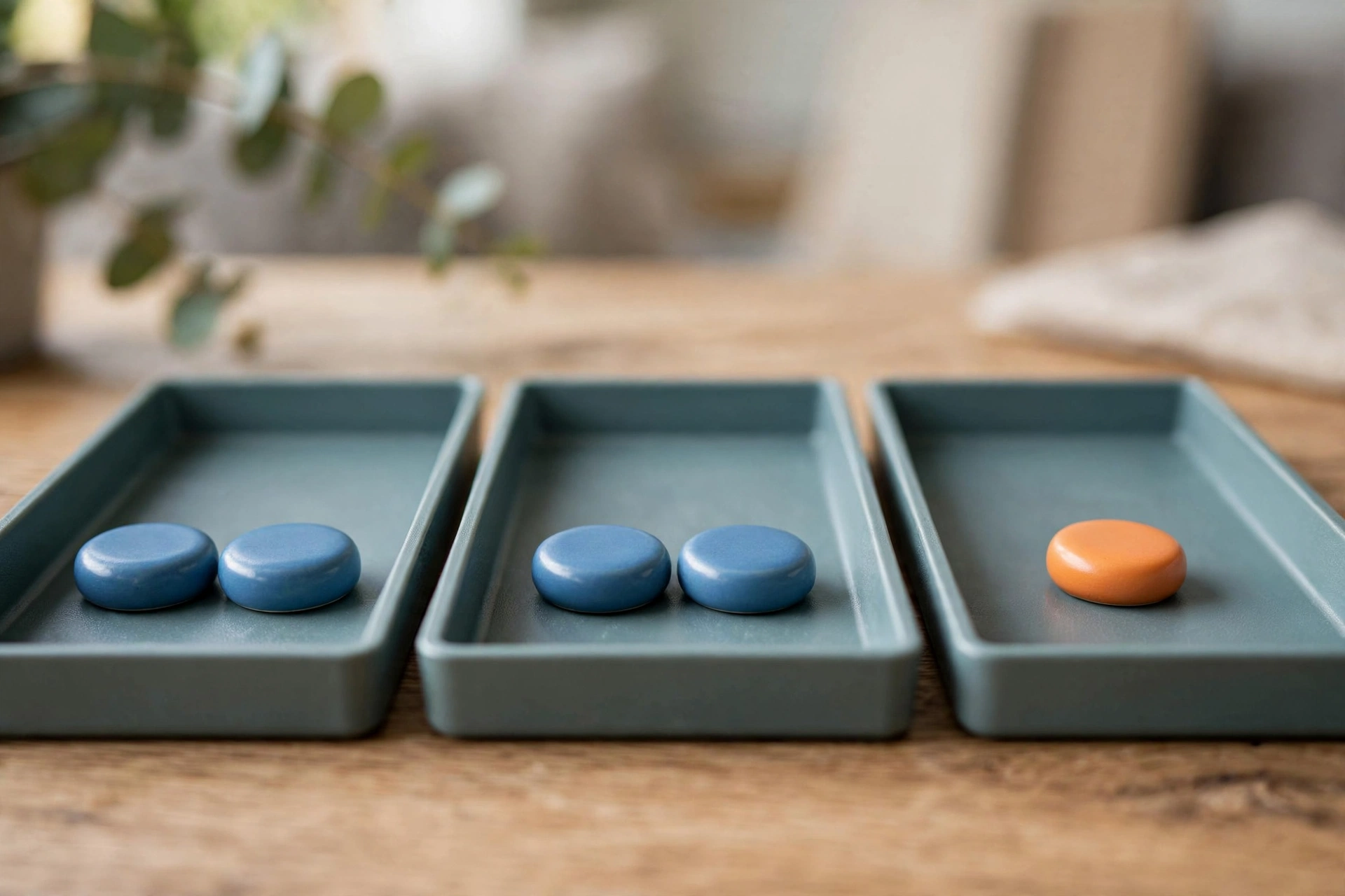 Three shallow office sorting trays on a desk, with two trays holding matching blue tokens and one tray holding an unmatched orange token.