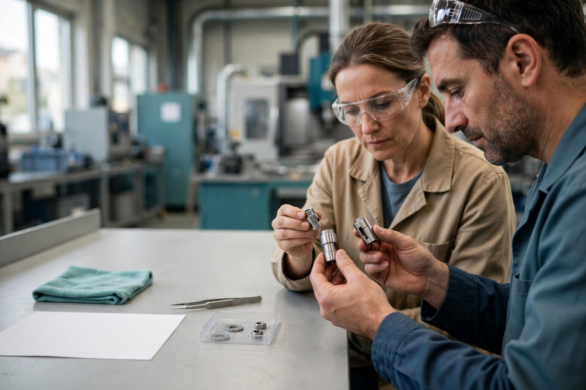 A woman and a man in a manufacturing setting compare small metal parts while standing at a clean assembly station.