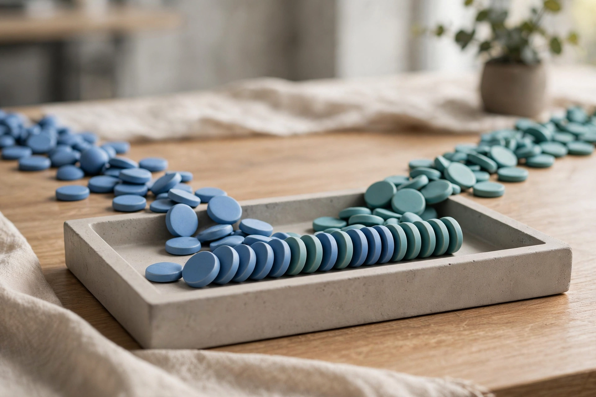 Two streams of blue and teal tokens converge into a single ordered row within a shallow sorting tray on a wooden surface.
