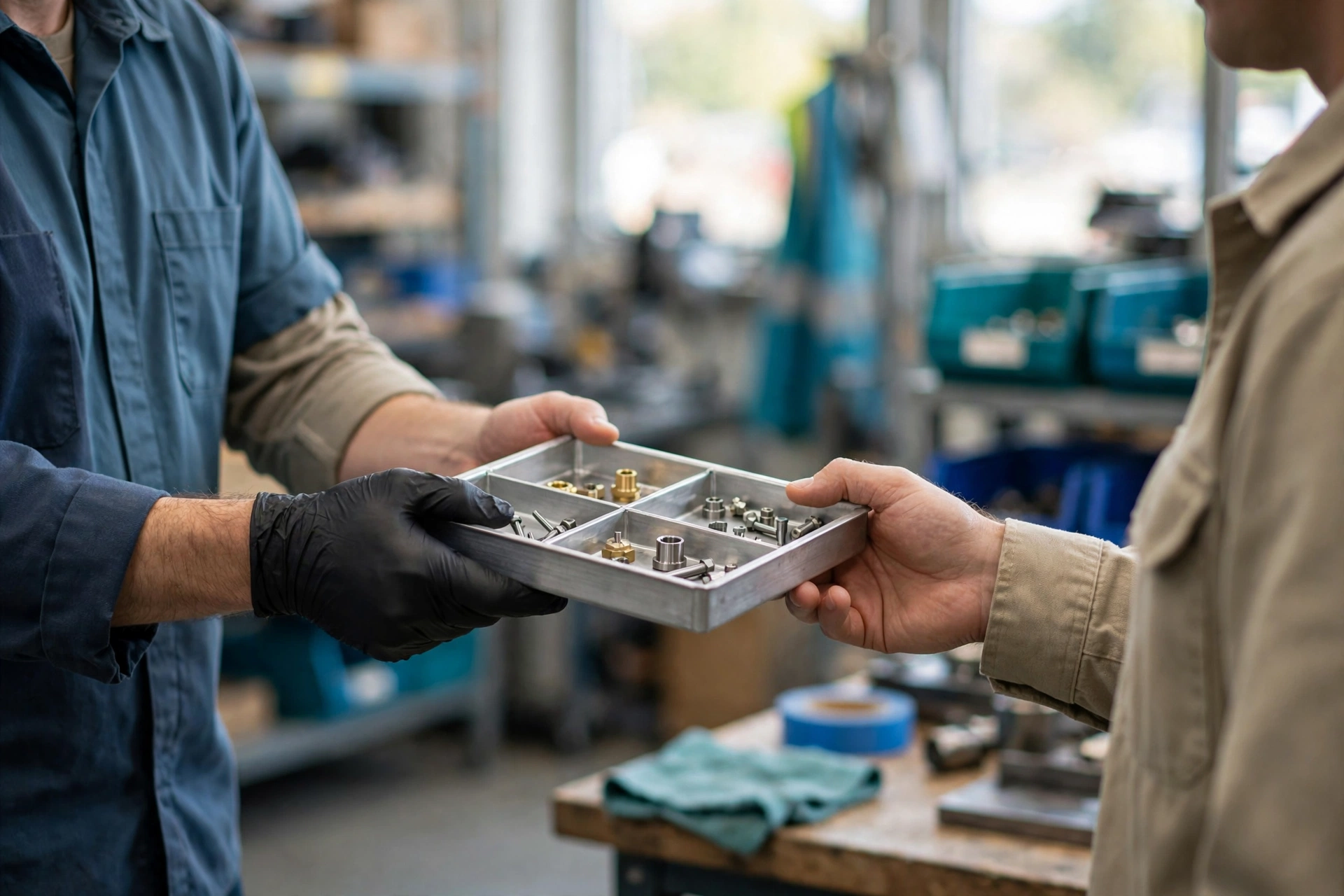 A colleague in a blue shirt and black gloves hands a tray of metal parts to another colleague in a tan shirt in a manufacturing workshop.