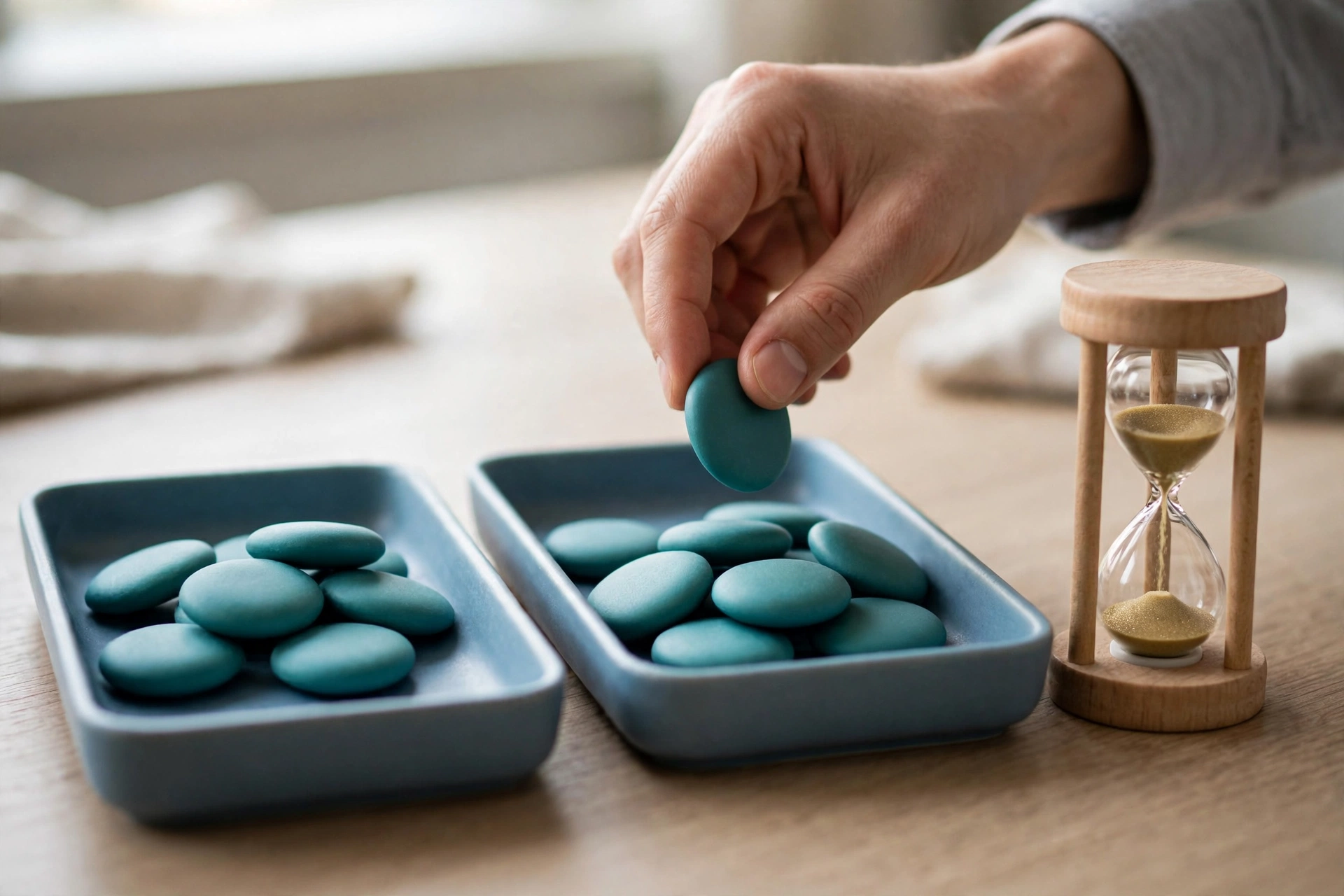 A hand transfers a teal token into a blue tray next to an hourglass on a wooden desk.