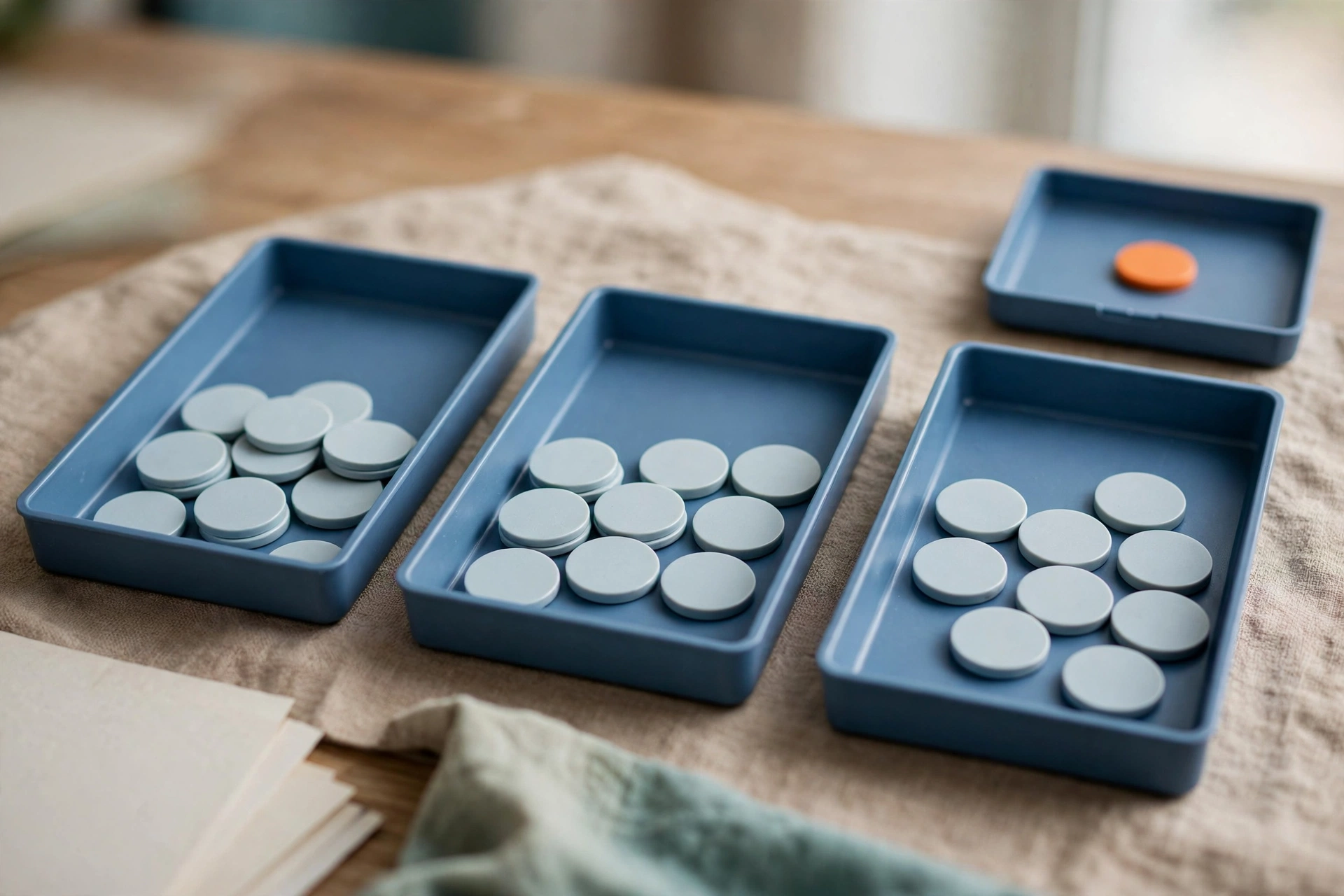 Three blue trays with light blue tokens and a fourth blue tray with one orange token are arranged on a textured surface.