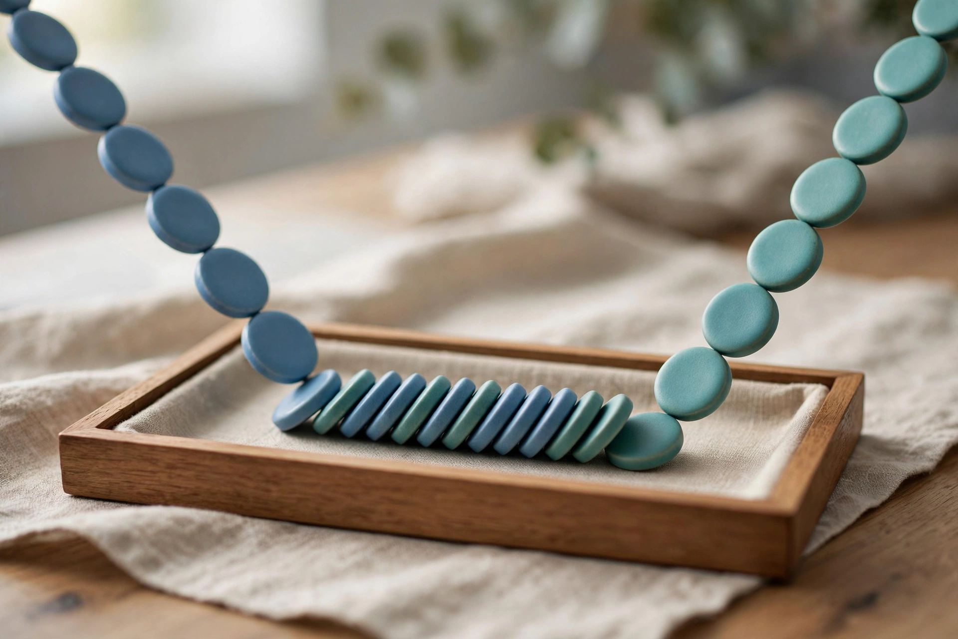 Two strands of blue and teal circular ceramic tokens are arranged in a wooden tray, with one strand flowing into the other.