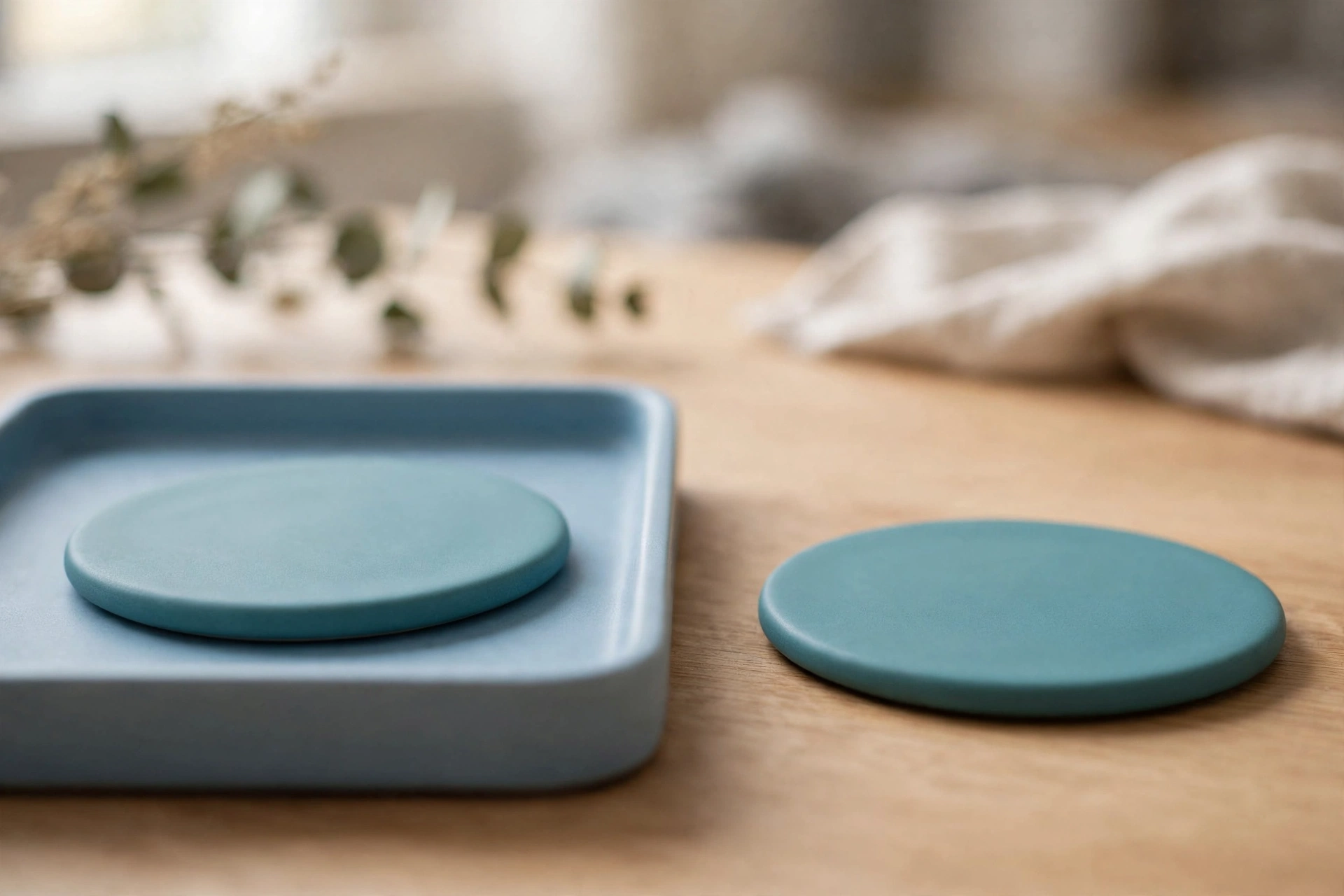Two identical teal ceramic discs are displayed on a wooden desk, with one disc inside a blue tray and the other placed separately beside it.