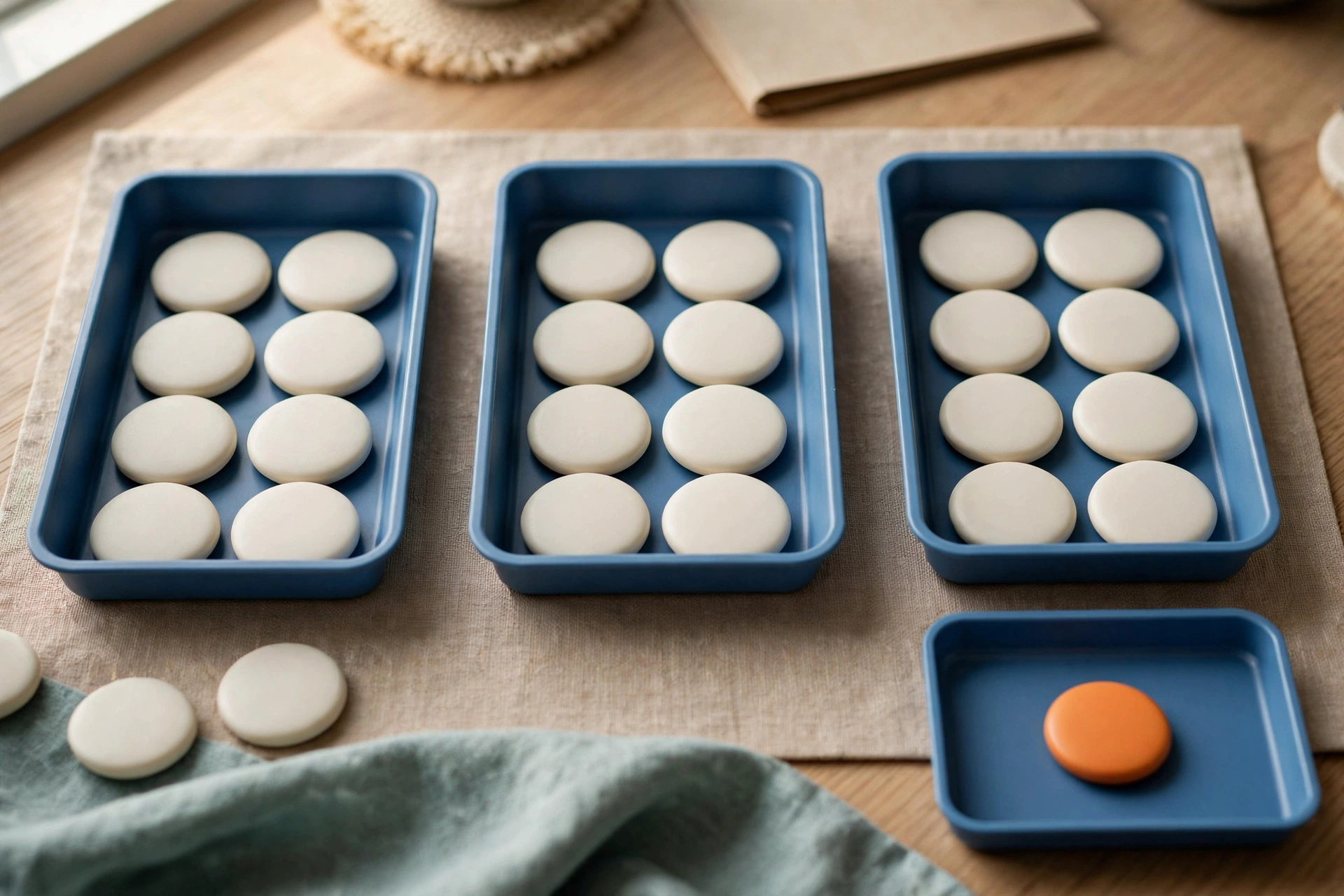 Three blue trays hold white tokens in ordered stages, with a fourth blue tray holding a single orange token as an exception.
