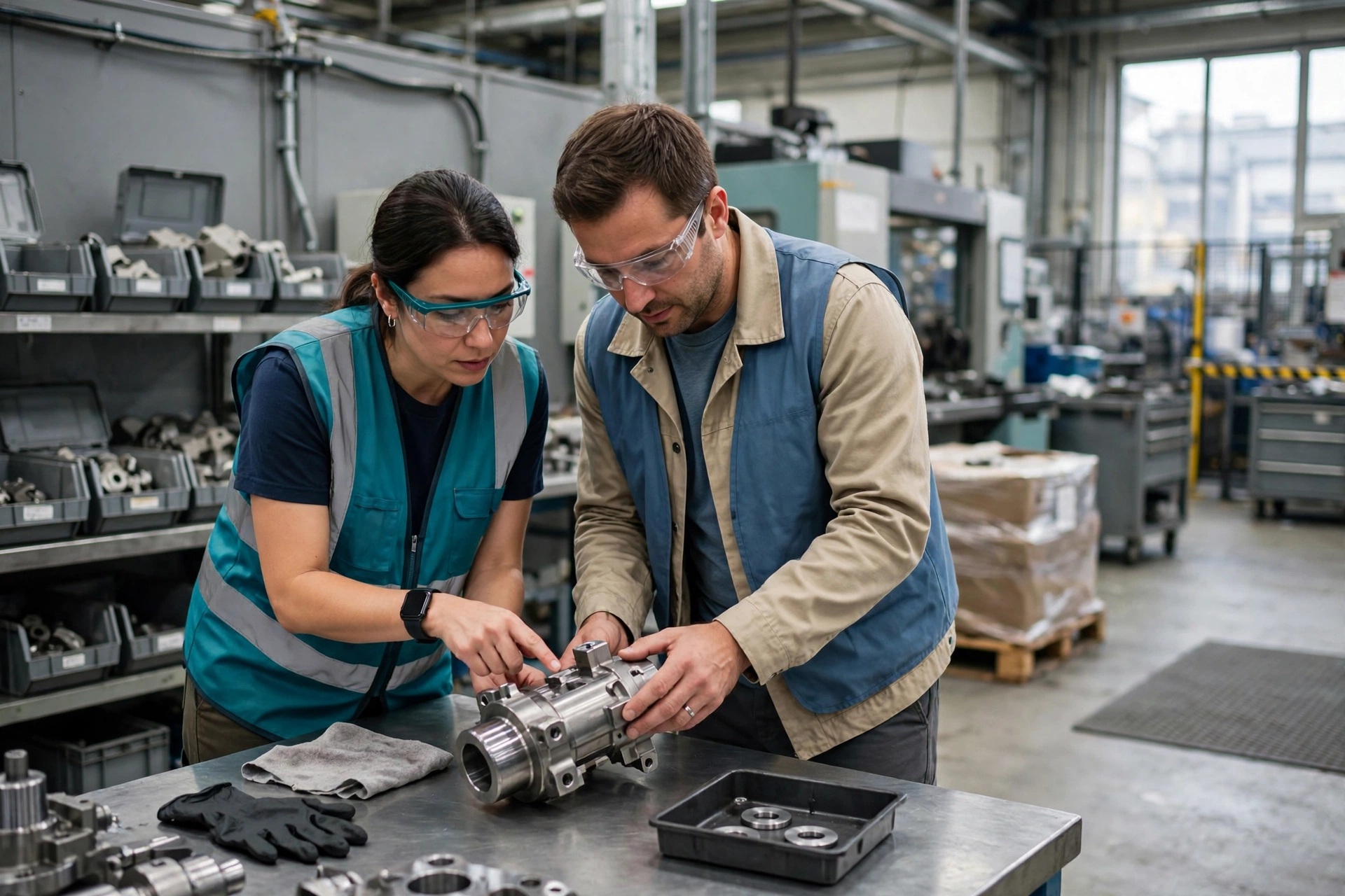 A man and a woman wearing safety glasses and vests inspect a metal component in a factory work cell.