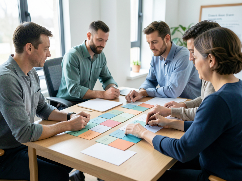 A diverse team of five professionals arranges colored assignment tiles on a wooden table to coordinate client work.