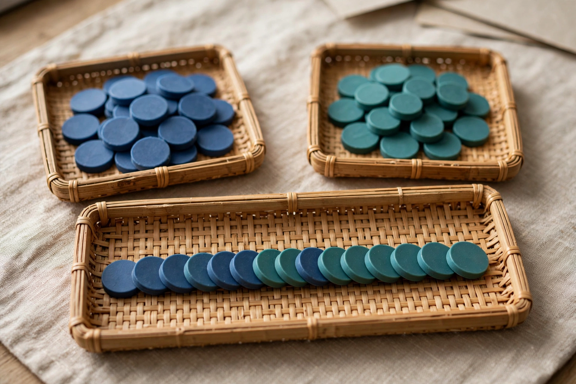 Three woven trays hold blue and teal tokens, with one tray showing a combined sequence of both colors.