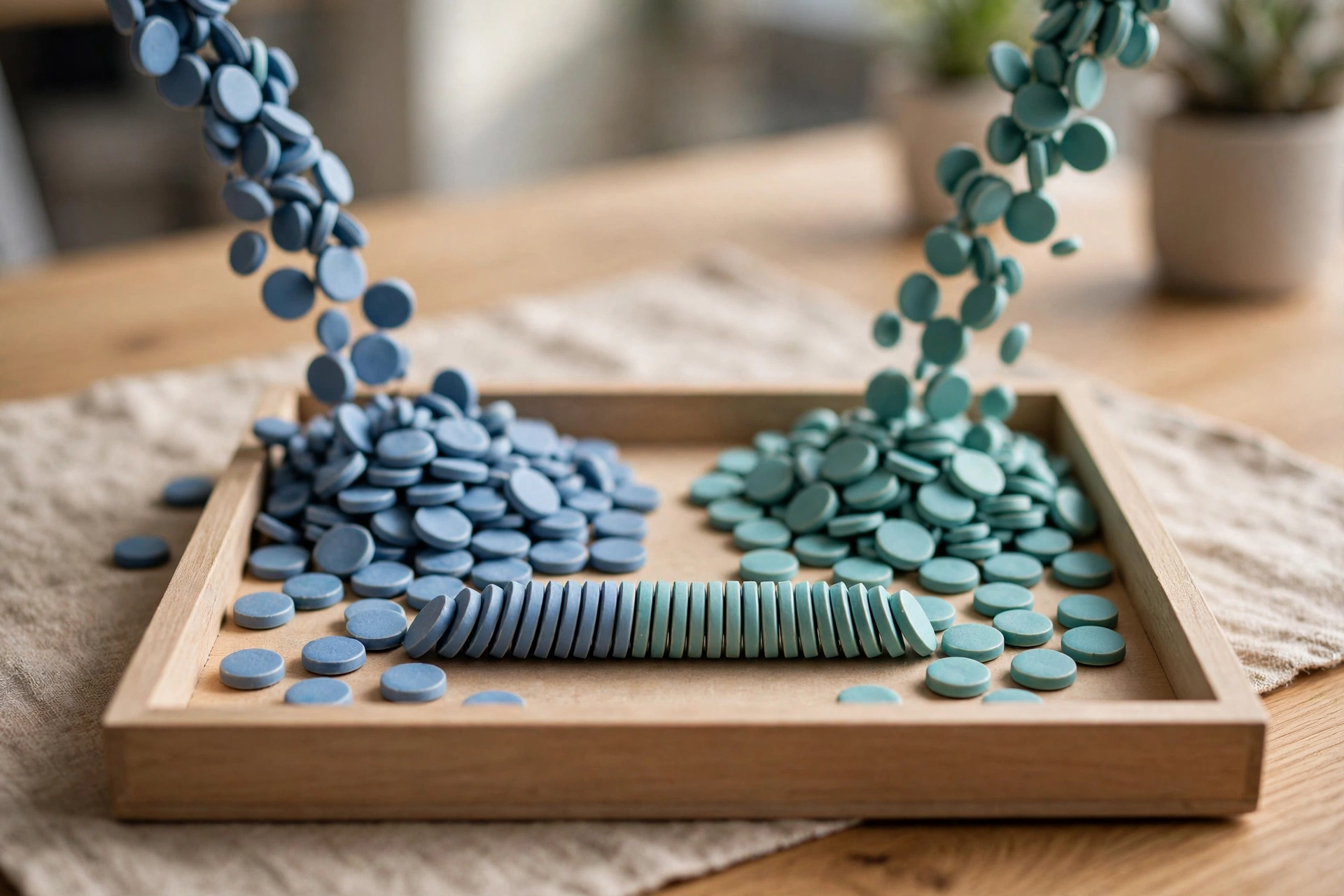 Two streams of blue and teal ceramic tokens converge into a single ordered row within a wooden tray on a table.