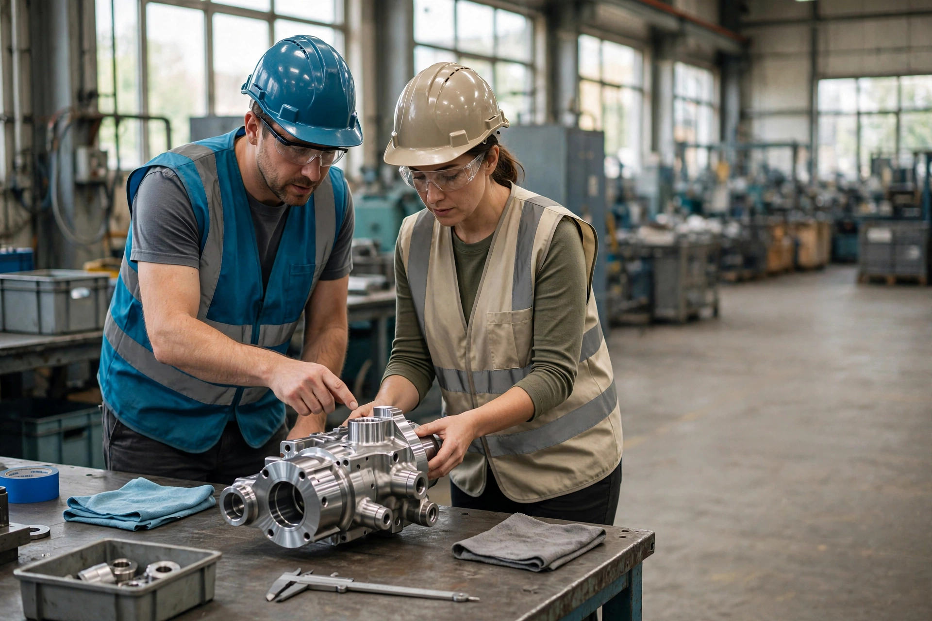 A man and a woman wearing hard hats and safety glasses inspect a metal component in a factory.
