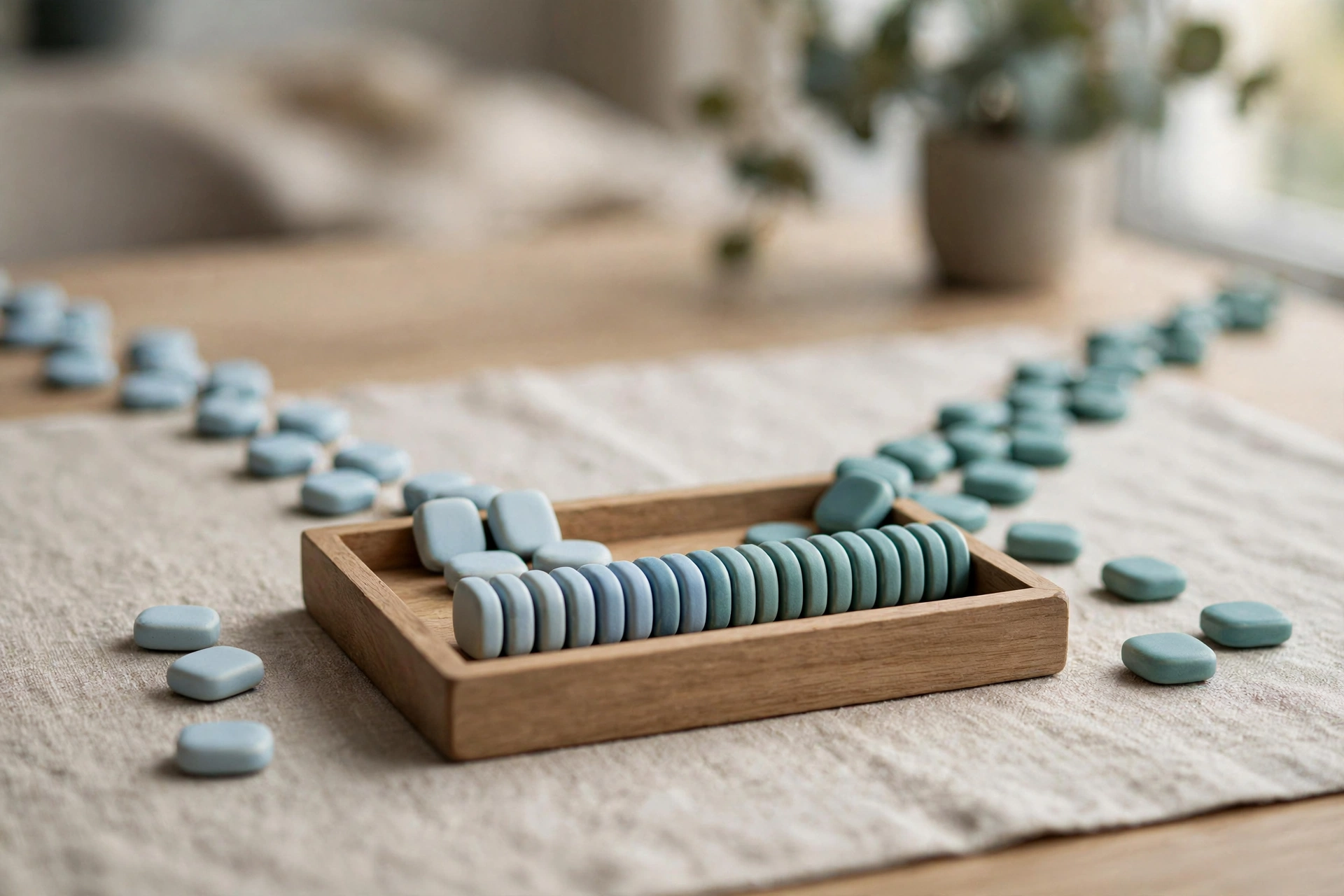 Two streams of blue and teal tokens converge into a single organized row in a wooden tray on a neutral cloth.