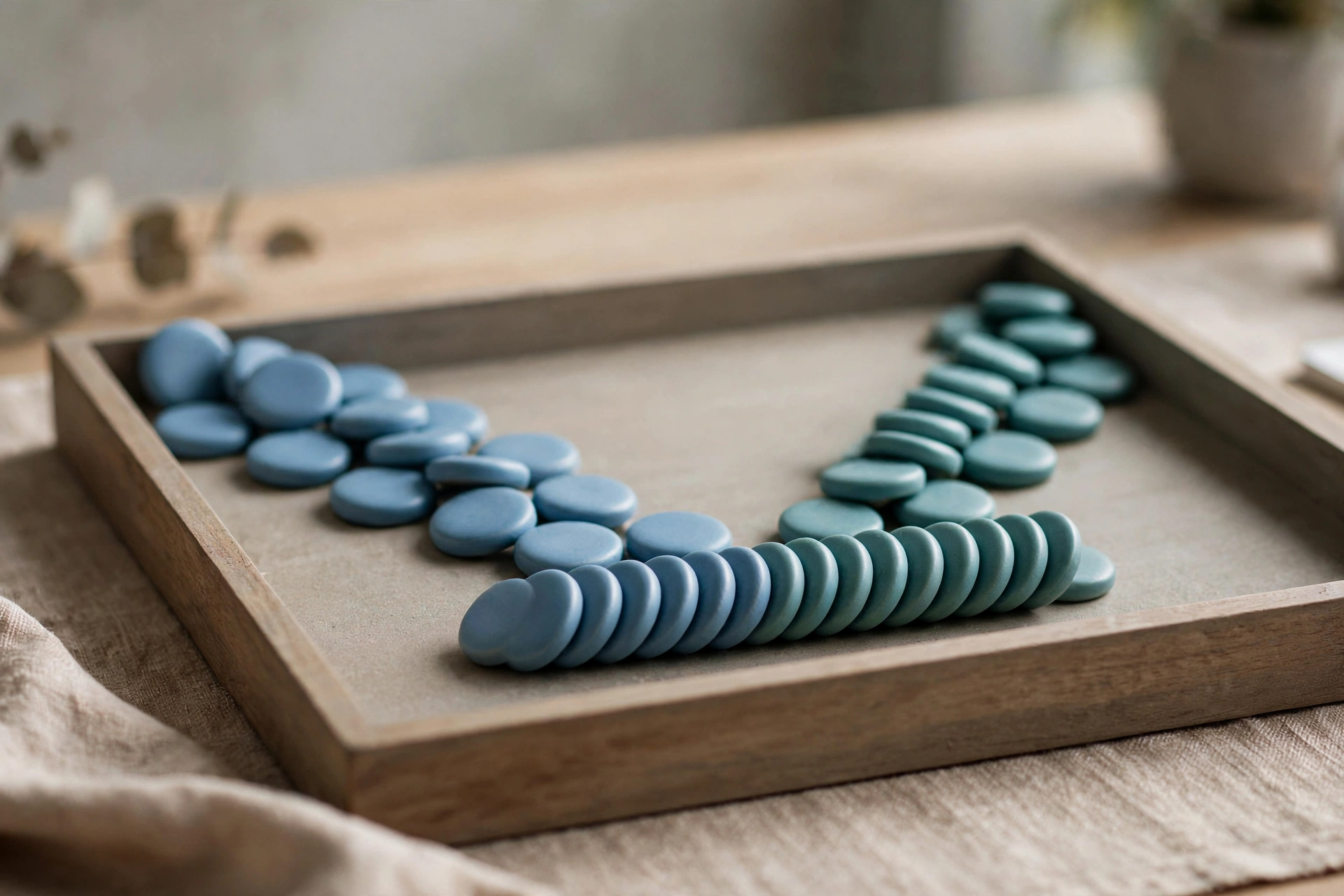 Two streams of blue and teal ceramic tokens converge into one neat ordered row inside a central shallow sorting tray.