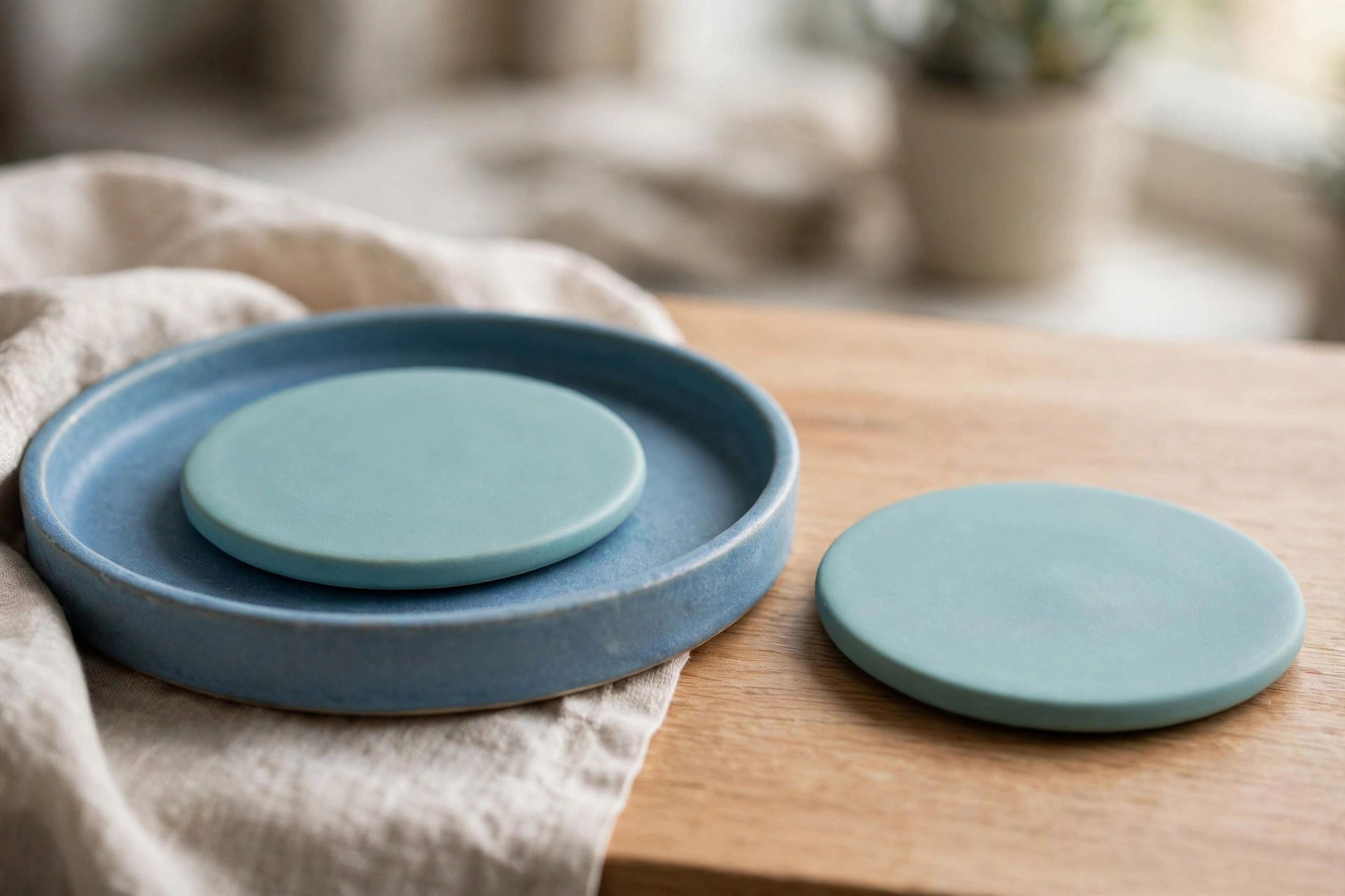Two identical teal ceramic discs are displayed side-by-side on a wooden surface, with one disc placed inside a blue ceramic tray.