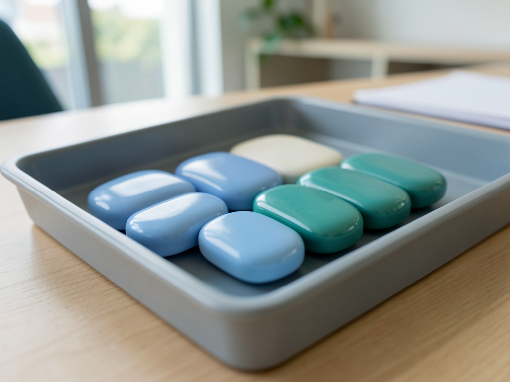 Blue and teal ceramic tokens are arranged in a gray tray on a wooden desk, representing data consolidation.