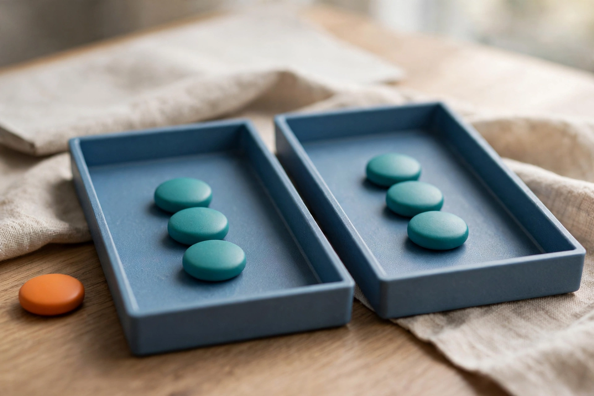 Two blue sorting trays sit on a wooden surface with teal tokens inside and an orange token beside one tray.